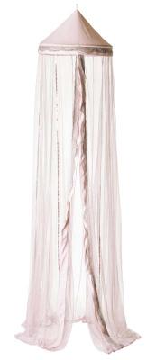 Light pink pointed canopy with pink lace and sequins sewn on the sheer light pink fabric