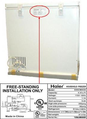 The rating label is located at the top center of the back of the Haier® freezers.