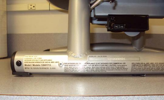 Rating label for table top 180 gas grill (located on bottom support at back of grill)
