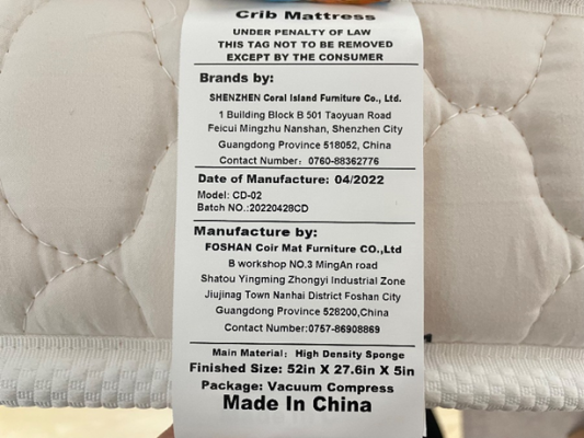 Sewn-in label showing 4/2022 manufacture date, model CD-02, and batch number 20220428CD