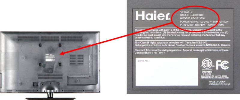 Detail of recalled LED TV label and its location on the back of the TV