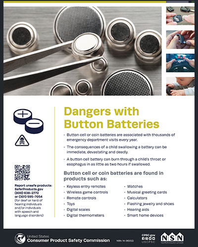 Poster demonstrating the dangers of button batteries, with a list of where button batteries are usually located