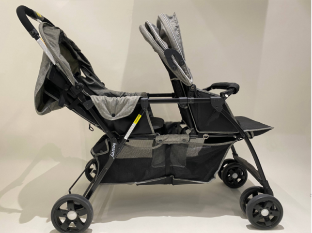 Recalled Besrey Twins Stroller in Gray and Black, Side View with Canopies Down