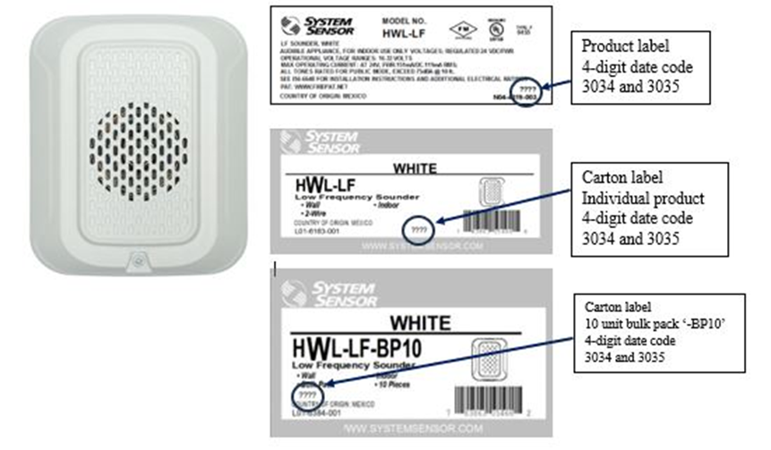 Sirena de alarma contra incendio de baja frecuencia de la serie L de System Sensor y números de modelo HWL-LF y HWL-LF-BP10 (blanca) retirada del mercado, que muestra la etiqueta del producto y la etiqueta en el cartón 