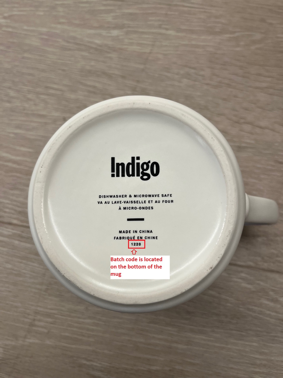 Location of batch code on the bottom of the mug