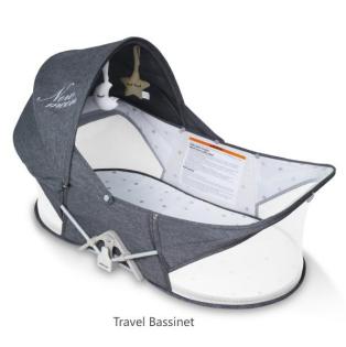 Recalled travel bassinet in dark gray with canopy