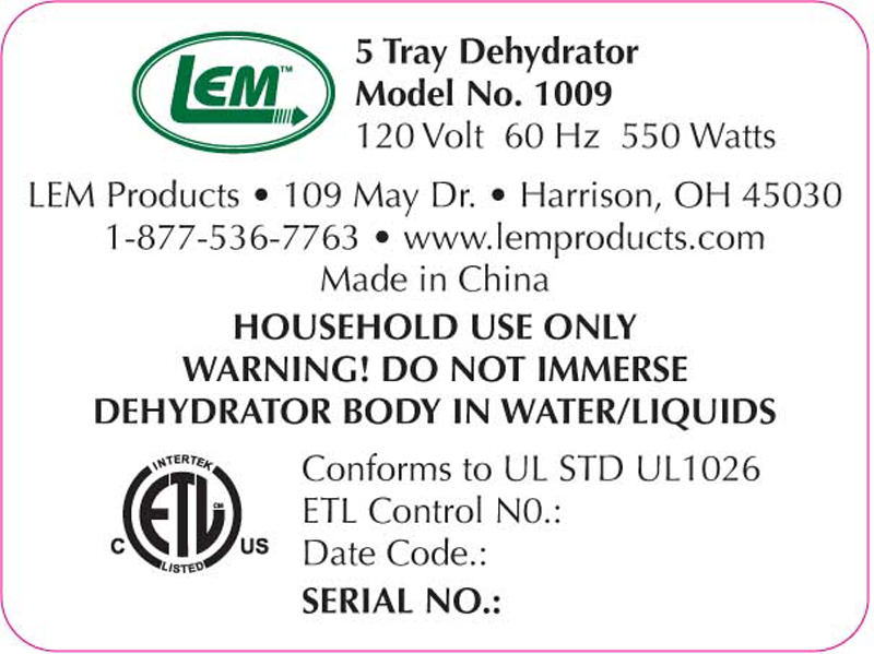 LEM Products Distribution Expands Recall Including Previously Repaired 5  Tray Food Dehydrators