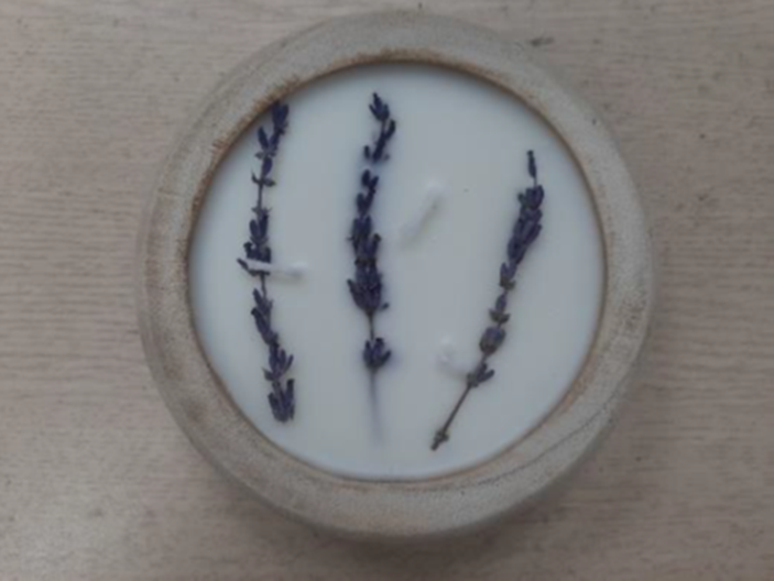 Recalled Lavender scented candle in a round wooden bread bowl