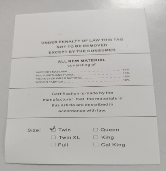 The size is printed on the sewn-in label of the recalled WinxMatrs mattress.
