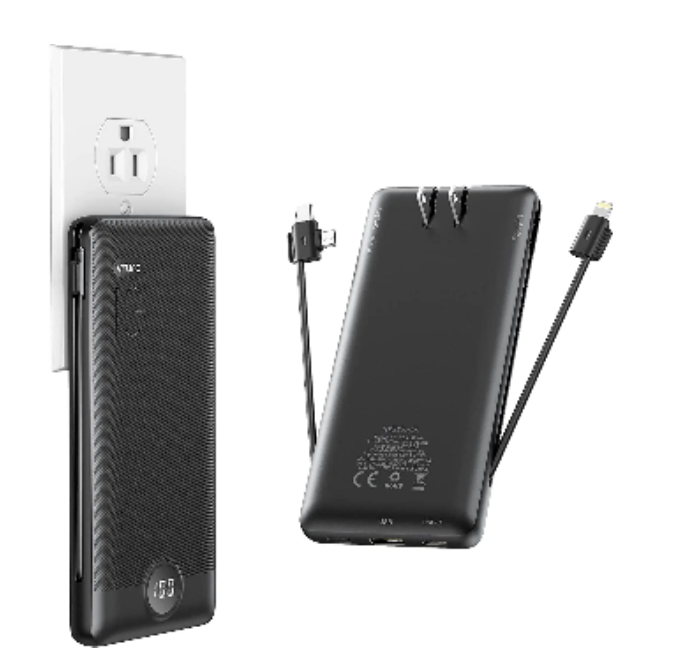 Portable Charger with Built in Cable, Charmast Power Bank 10000mah, 5  Output Slim Display, Built-in AC Wall Plug, 