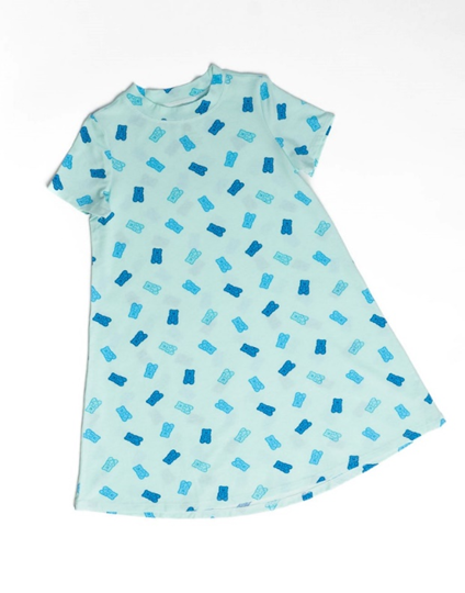 Recalled Lounge Dress (short sleeve) in Light Blue Fabric with Blue Gummy Bears