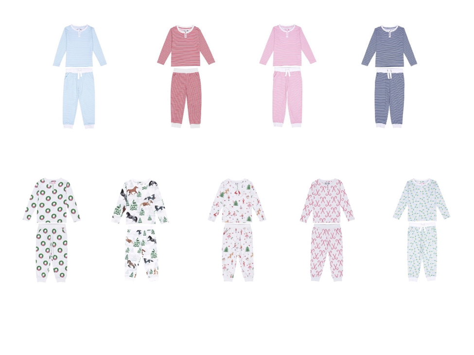 Recalled Sant and Abel Children's Henley Two-Piece Pajama Sets (Sky Blue Stripe, Peony Stripe, Red Stripe, Navy Stripe, Wreath, Horse, Christmas, Candy Cane and Daisy)