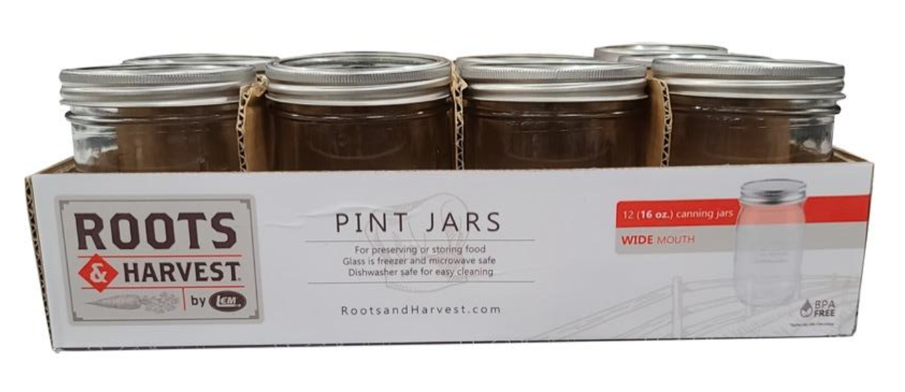 12-pack of Recalled Roots & Harvest Wide Mouth Pint Canning Jars - side view