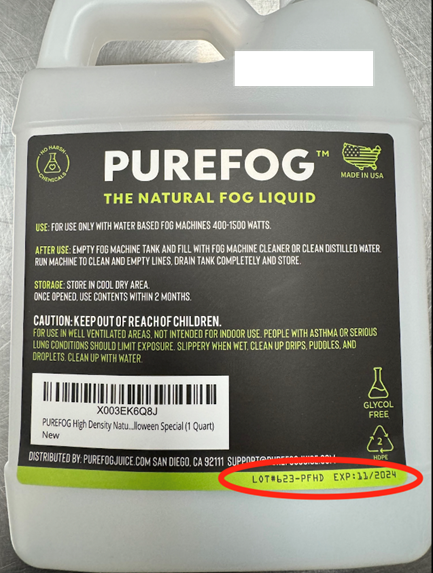 Líquido que produce niebla natural de alta densidad Purefog (Purefog High Density Natural Fog Juice Liquid) retirado del mercado (ubicación del modelo y número de lote)