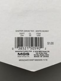 The model number of the Easter  Grow Toy is located on the back 