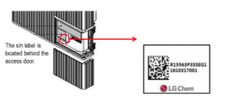 The serial number label is located behind the access door of the recalled RESU 10H (Type-R) home battery.