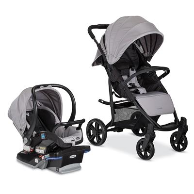 grey car seat and stroller