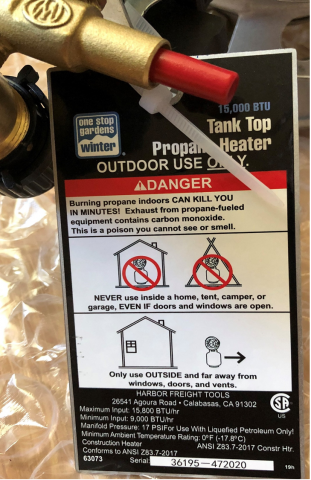 Hang Tag on recalled 15,000 BTU Tank Top Propane Heater showing Item #63073