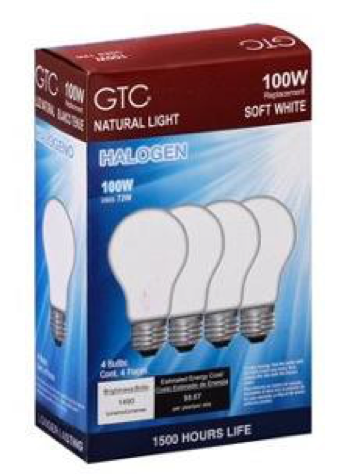 4 Pack of 100 W GTC Halogen Light Bulbs in Soft White