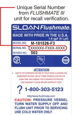 Label with date code and serial number for recalled systems