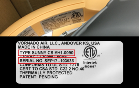 Label with model number and serial number