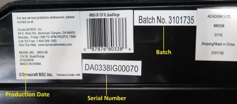 Surge 12V XL Quad model number, date code,, batch and serial number