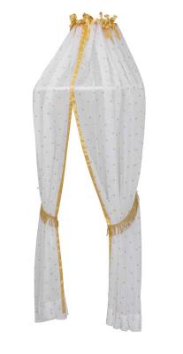 White canopy with golden ribbon at the top and crowns printed on sheer white fabric
