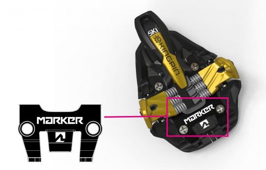 Recalled ski binding in gold, sold with or without Marker branding in the highlighted area. 