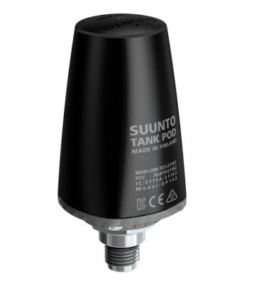 Suunto Wireless Tank Pressure Transmitter (Tank Pod) with black cone-shaped cone with SUUNTO FINLAND on top, with transparent base with LED light.