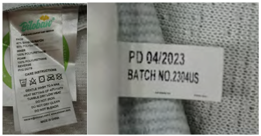 “Biloban” is printed on the mattress hangtag, and batch number 2304US and the manufacture date in the format “PD DD.MM/YYY” are printed on a tag stapled to the mattress cover.