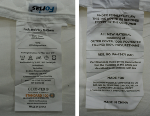 Recalled Forias Waterproof Pack and Play Mattress Label