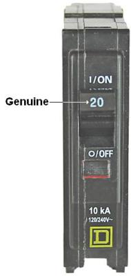 A Genuine Circuit Breaker has a white painted amp rating on the toggle switch.