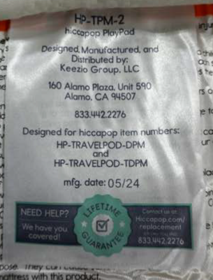 Hiccapop play yard mattress label (model HP-TPM-2)