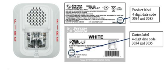 Sirena con luces estroboscópicas de alarma contra incendio de baja frecuencia de la serie L de System Sensor y número de modelo P2WL-LF (blanca) retirada del mercado, que muestra la etiqueta del producto y la etiqueta en el cartón