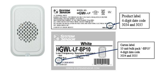 Sirena de alarma contra incendio de baja frecuencia de la serie L de System Sensor y número de modelo HGWL-LF-BP10 (blanca) retirada del mercado, que muestra la etiqueta del producto y la etiqueta en el cartón