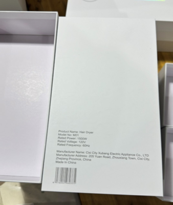 Packaging of recalled Tideway hair dryer, model number M01