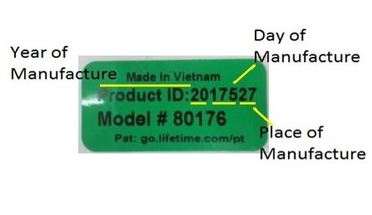 A green product ID sticker showing the year and chronological day of manufacture (Example: June 23, 2020 = 20175), place of manufacture (27 = Vietnam) and model number  is located on the underside of the table.