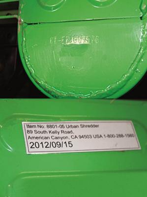 The model number and the manufacture date are printed on a label on the underside of each model of the Urban Shredder.