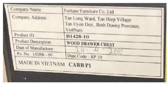 Recalled Magnussen Home 5-Drawer Chest Date Code Label