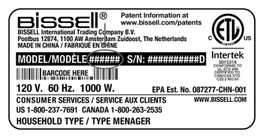 Model number is printed on label located on the bottom of the product