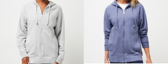 Recalled Women’s Off Script Zip-Up Hoodies in Heather Light Gray and Heather Crown Blue