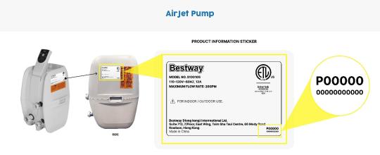 Recalled AirJet Spa Pump model number located on label on side of unit