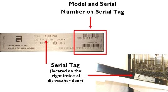 Serial tag location on recalled Asko DW95 Dishwasher