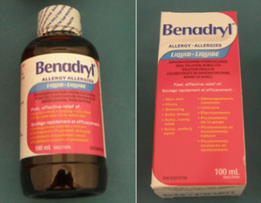 Recalled Benadryl Liquid Elixir, 100 mL bottle and paper box with “X003VRIGUL” on the label