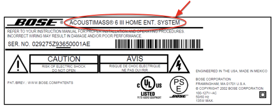 Label of recalled Bose Bass Modules with product name at the top of the label, next to the Bose logo