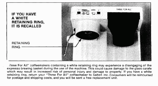 Recalled Combination Espresso/Cappuccino Coffeemaker