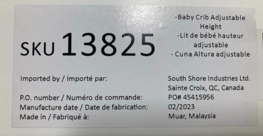 Recalled South Shore Crib Label