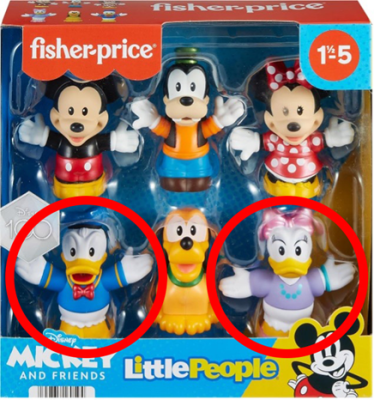 Las figuras del Pato Donald y la Pata Daisy retiradas del mercado se vendieron en el paquete de figuras de Mickey y Amigos de la colección Personitas (Little People) de Fisher-Price (Modelo HPJ88/ Modelo HTW75)