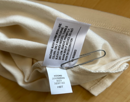 “HBT,” “CRE,” “CBV” or “MNG” is printed on the pajama’s side-seam label