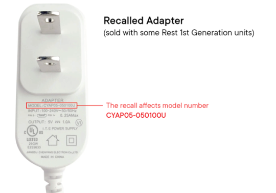 Location of model number on recalled adapter